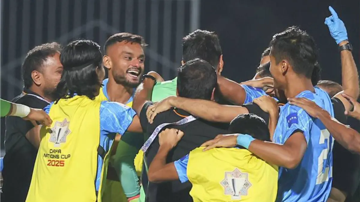 Indian Football Team celebrate after beating Oman in penalty shootout