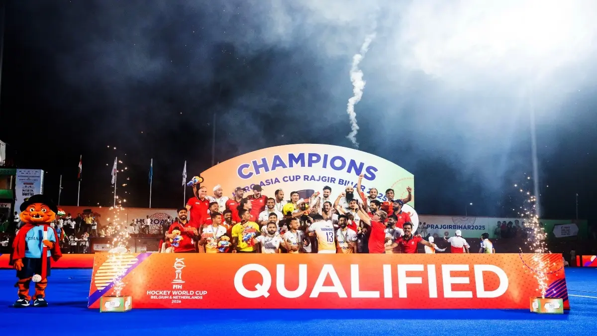 Indian players celebrate after defeating Korea in Asia Cup Hockey final