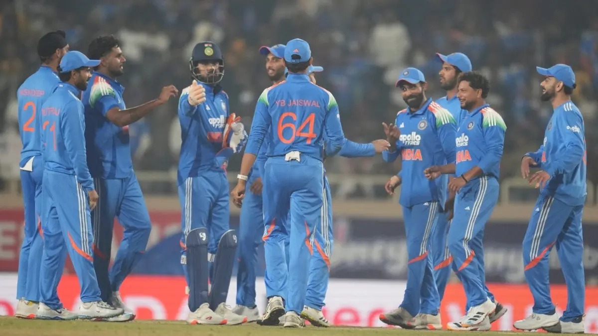 Indian players celebrate after dismissing South Africa's Marco Jansen in the first ODI match in Ranchi
