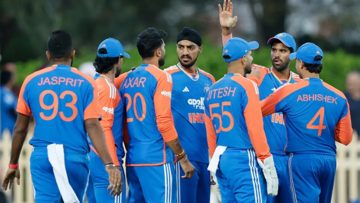 Indian players celebrate after taking a wicket in third T20I match of the series against Australia