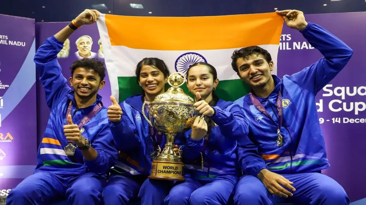 Indian team with Squash World Cup Trophy