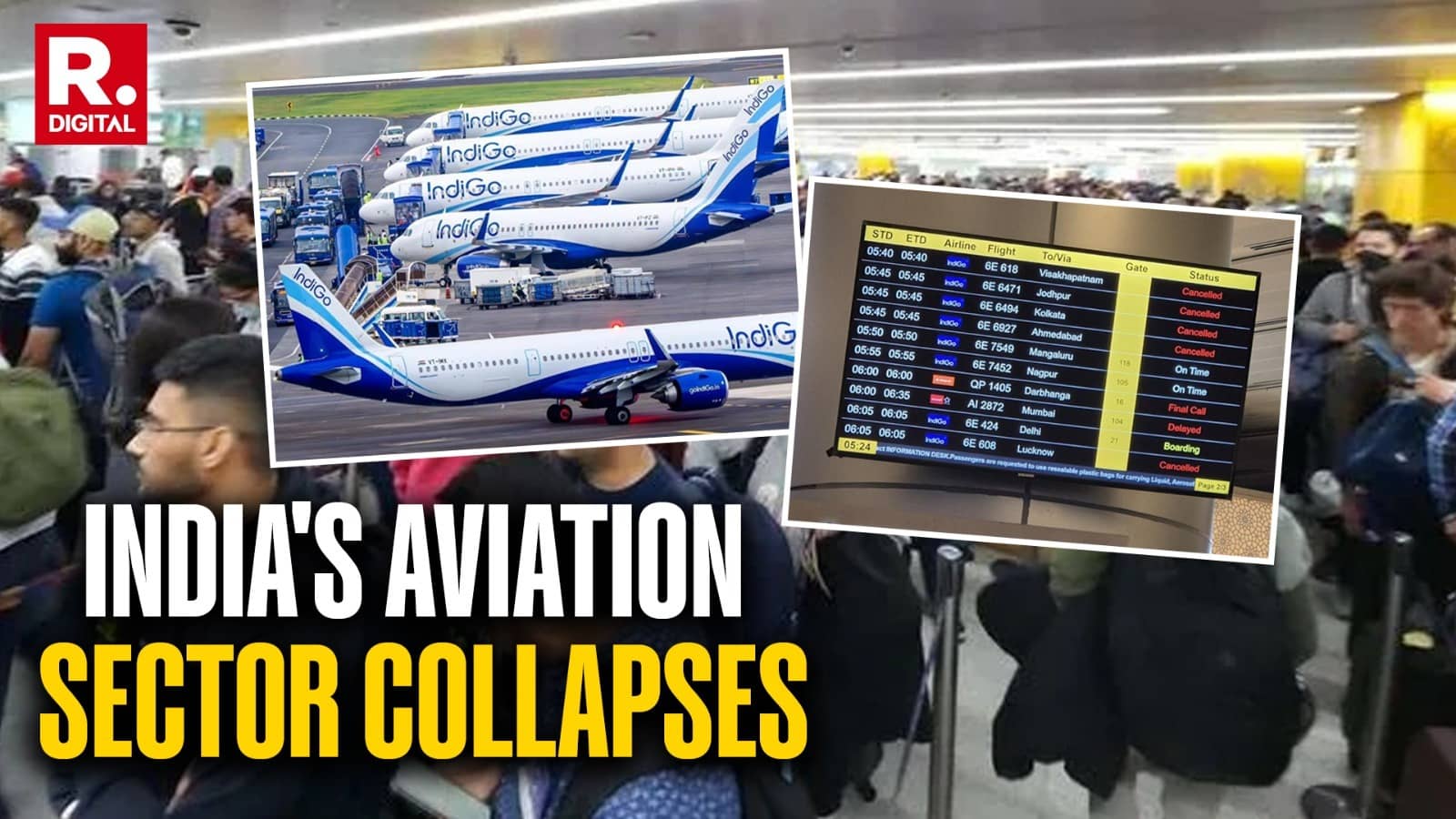 republicworld.com - Deepti Verma - IndiGo Flight Chaos Deepens: Hundreds Stranded as Cancellations, Delays Continue; DGCA Summons Airline's Top Brass