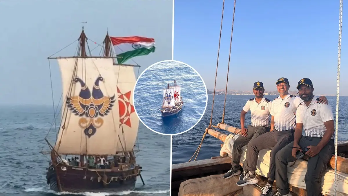 'Land Ahoy!': Handstitched Wooden Ship INSV Kaundinya Reaches Muscat After 18-Day Voyage