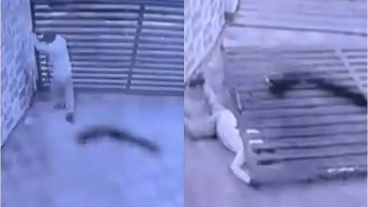 Iron slider gate falls on security guard outside Honda showroom in Moradabad.