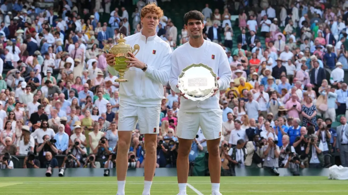 Carlos Alcaraz vs Jannik Sinner Tennis Match to Take Place Before US Open 2025, Rivals Clash in Cincinnati Open Final Jannik Sinner and Carlos Alcaraz pose for a photo after the end of men's singles final at Wimbledon 2025