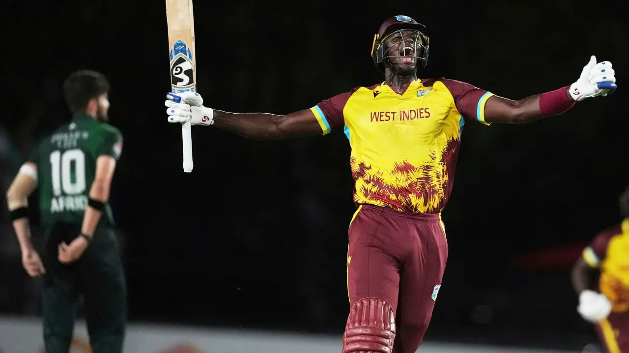 Jason Holder celebrates after the WI vs PAK T20I match in Florida.