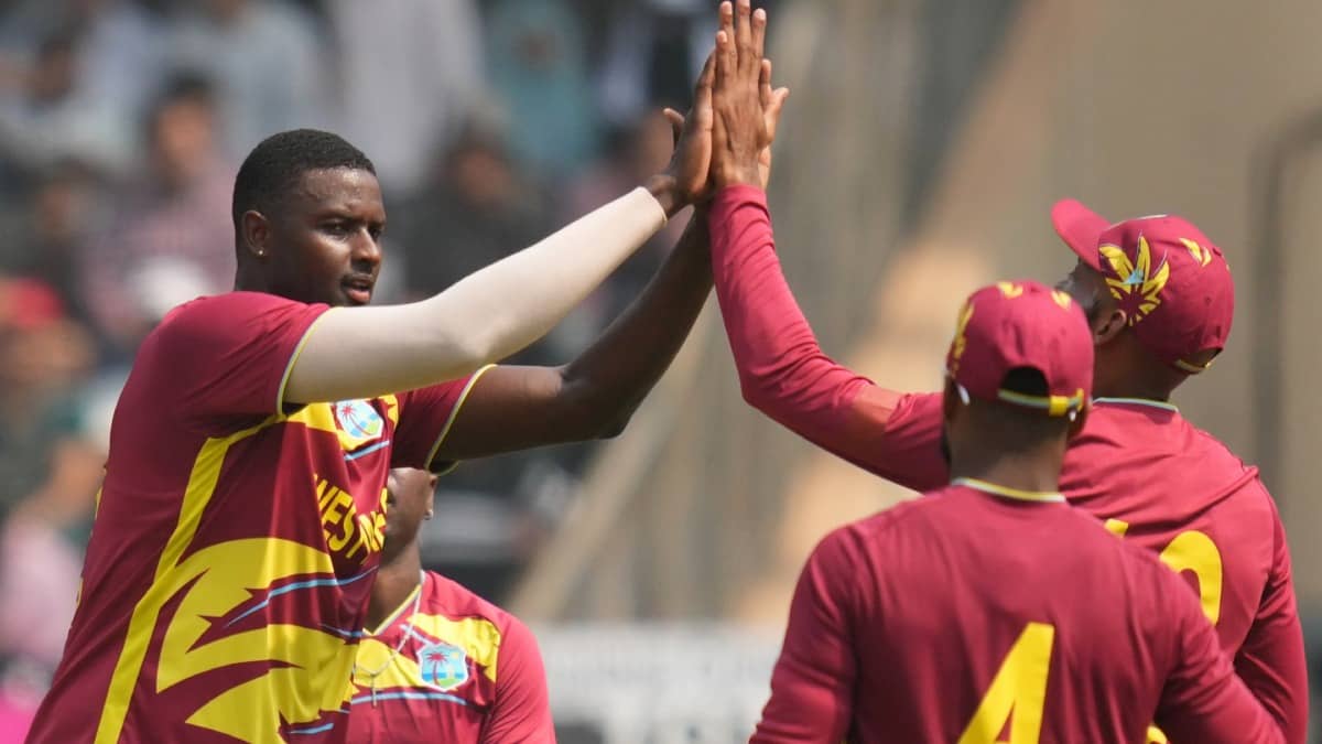 Jason Holder celebrates his wicket