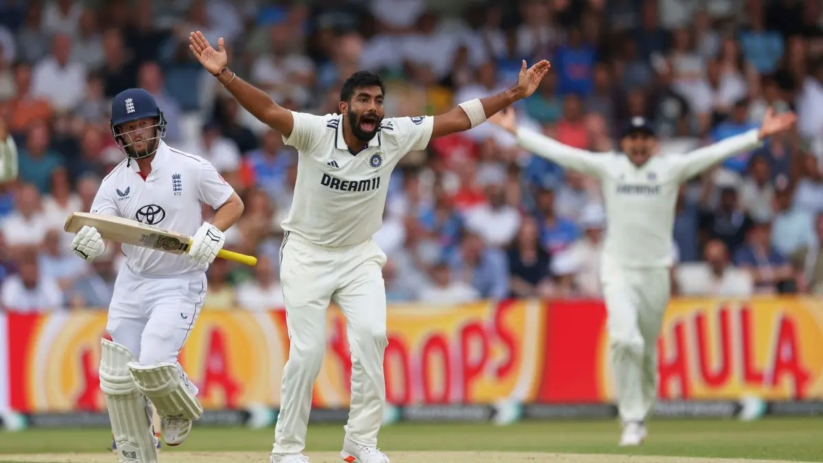 Jasprit Bumrah appeals during the IND vs ENG 1st Test