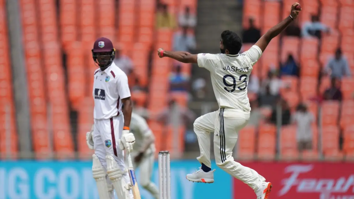 Jasprit Bumrah in action on Day 1 against West Indies