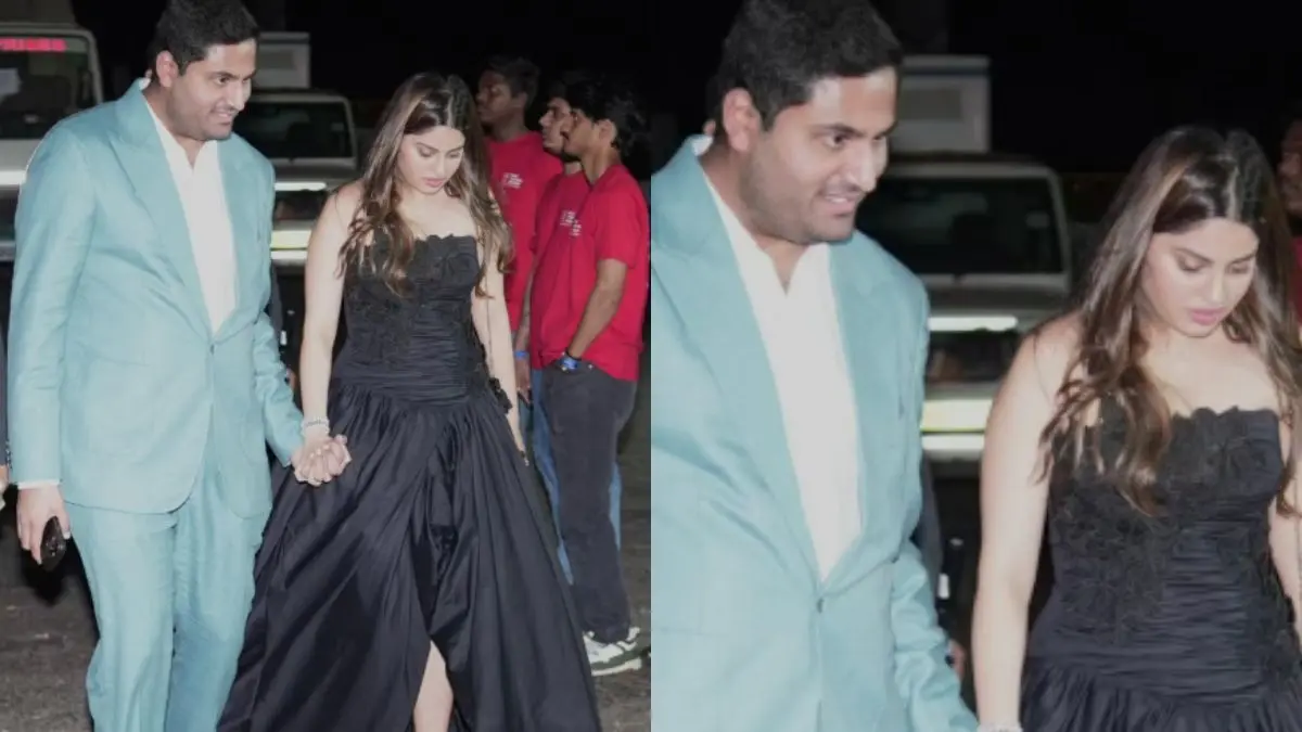 Diva Jaimin Shah Stuns In Strapless, Black Gown As She Makes Appearance With Husband Jeet Adani Jeet Adani with his wife Diva Jaimin Shah