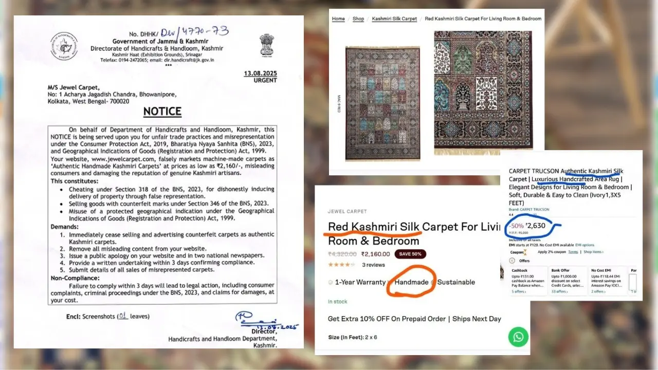 Jammu & Kashmir Authorities Issue Notice, Demand Public Apology From Amazon, Bengal-based Firm For Selling ‘Fake Kashmiri Silk Carpets’ J&K Issues Notice To Amazon