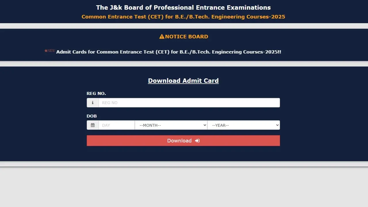JKCET Admit Card 2025 Released at jkbopee.gov.in, Direct link to Download JKCET Admit Card 2025