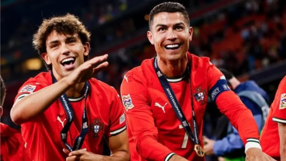Joao Felix and Cristiano Ronaldo are celebrating after winning UEFA Nations League