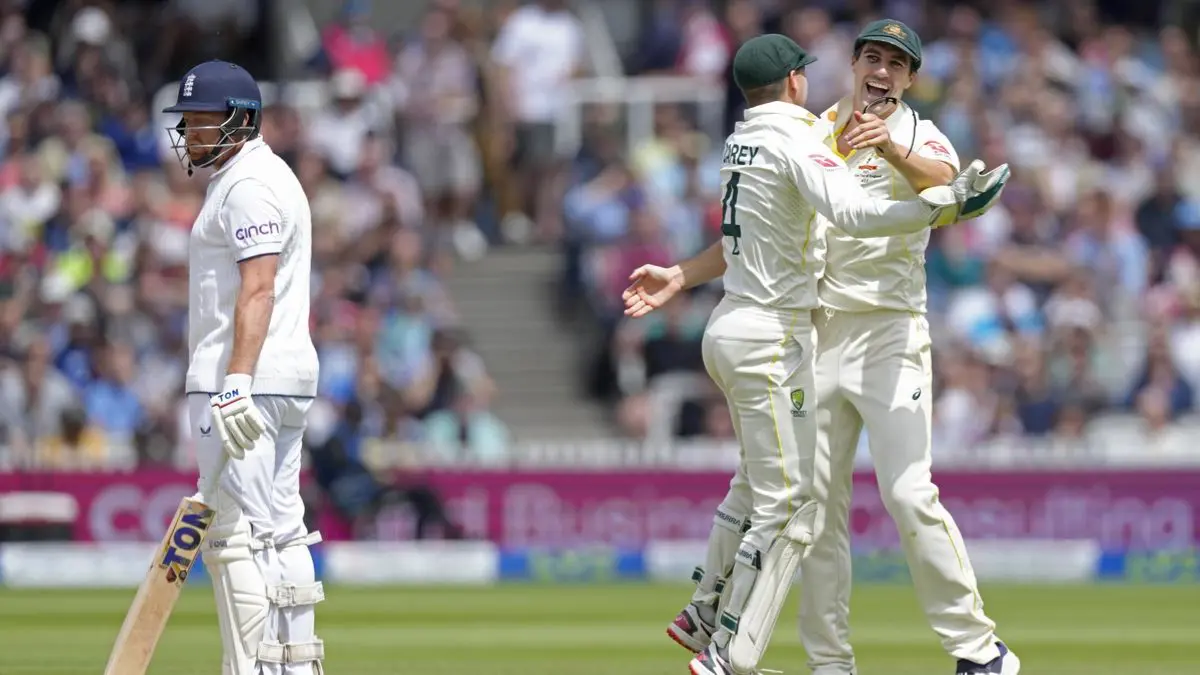 Cricket Australia Announces The Schedule For Home Ashes In 2025, Iconic Test venue Set For Debut Jonny Bairstow looks as Alex Carey and Pat Cummins celebrate the fall of his wicket during Ashes 2023 at Lord's