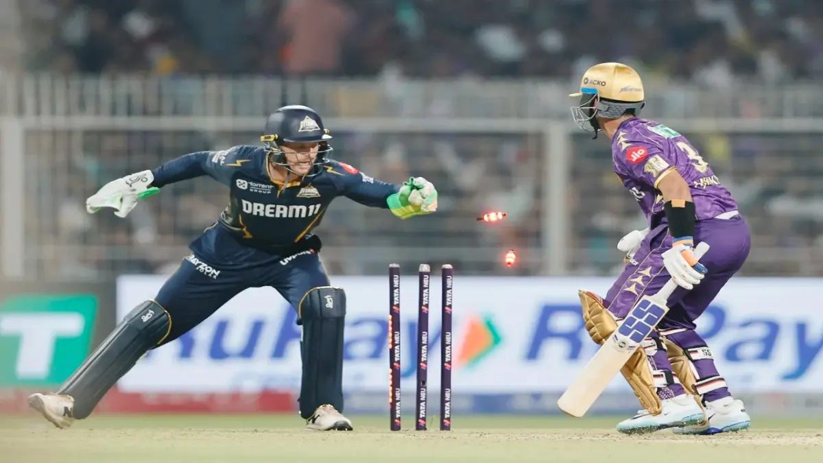 Jos Buttler stumps KKR captain Ajinkya Rahane