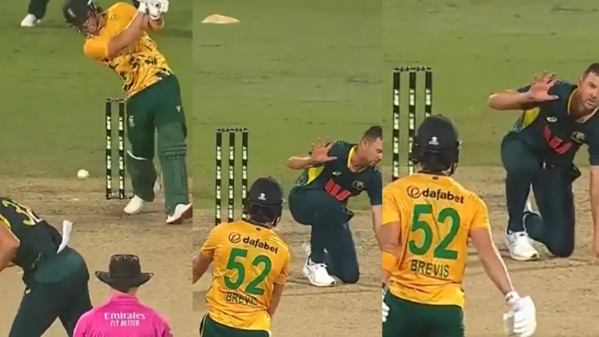 Josh Hazlewood avoids a shot hit by Dewald Brevis