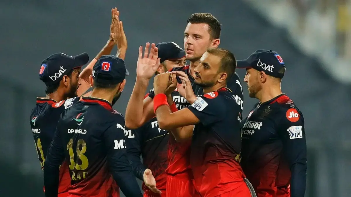 Josh Hazlewood celebrates fall of a wicket during IPL 2022