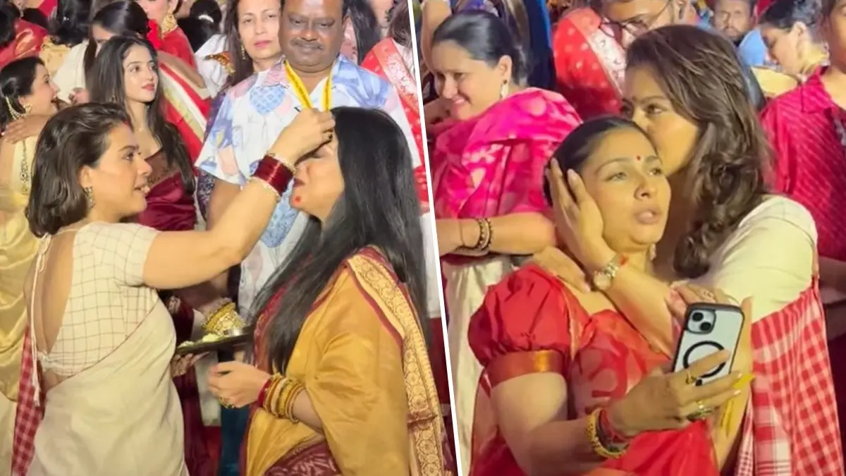 Vijaydashami 2025: Kajol Takes Part In Sindoor Khela, Actress' Younger Sister Tanishaa Seeks Blessings From Her | Watch Kajol celebrates Vijaydashmi