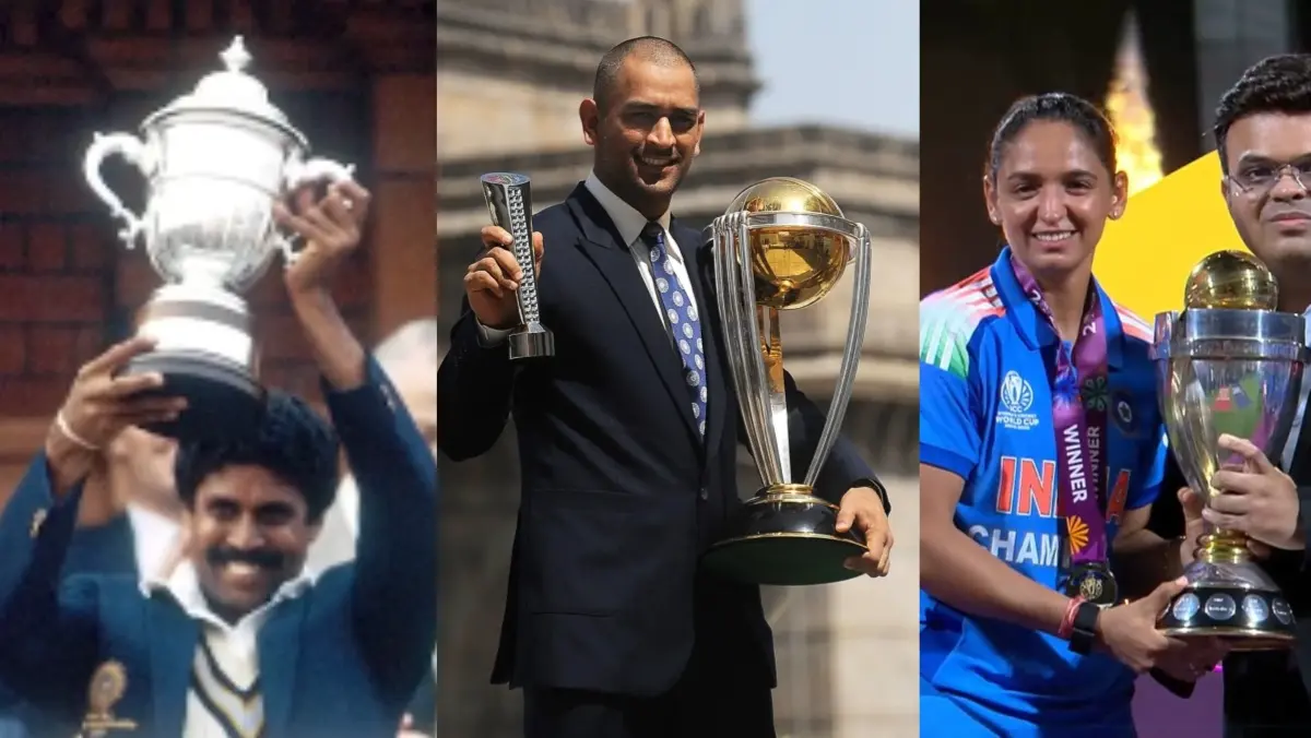 Kapil Dev, MS Dhoni and Harmanpreet Kaur with World Cup Trophy