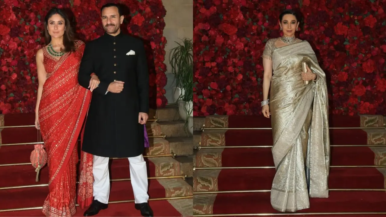 Karisma Kapoor, Kareena Kapoor and Saif Ali Khan at Aadar Jain's wedding.
