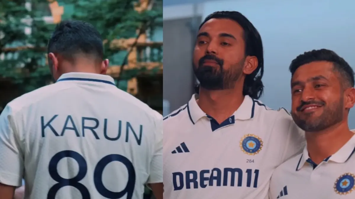 Karun Nair and KL Rahul pose for photographs in India's Test jersey
