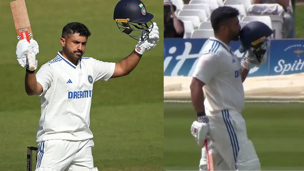 Karun Nair kisses the tricolour on helmet after double century india a vs England lions test