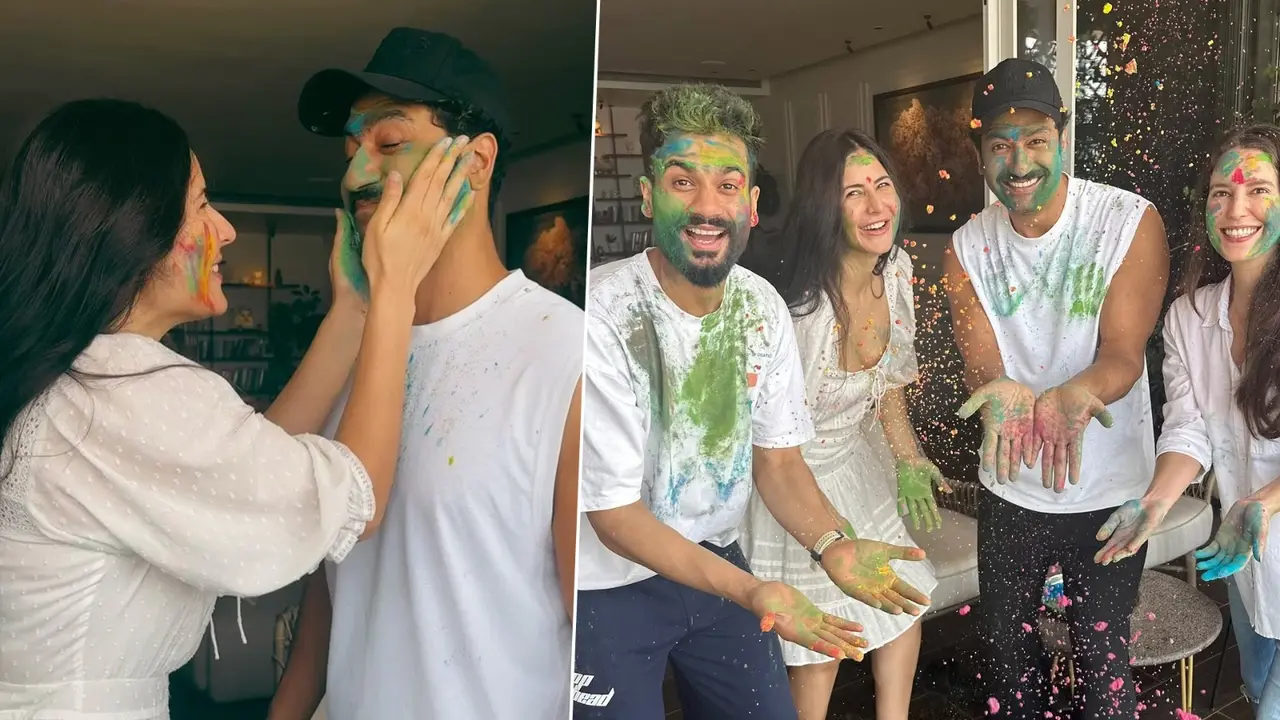 Katrina Kaif Smear Colour On Vicky Kaushal's Cheecks As They Celebrated Holi With Actor's Parents, Sunny, Isabelle | PHOTOS Katrina Kaif and Vicky Kaushal celebrate Holi with family.