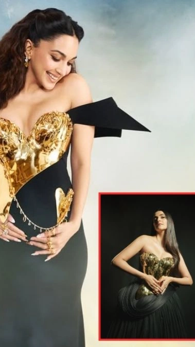 green emerald velvet dress Kiara Advani in Black And Gold Saree Set main image 0