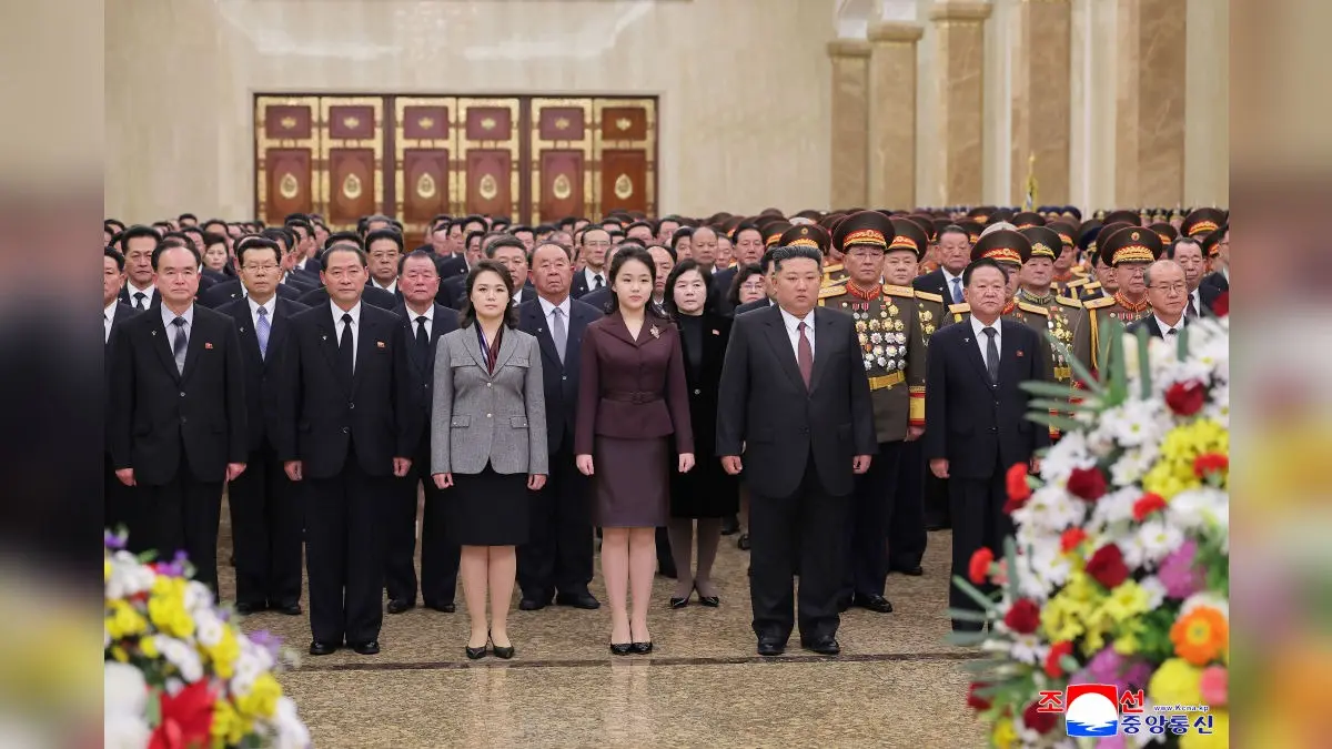 Kim Jong Un with his wife Ri Sol Ju and their daughter (believed to be named Kim Ju Ae) visit Kumsusan Palace of the Sun in Pyongyang