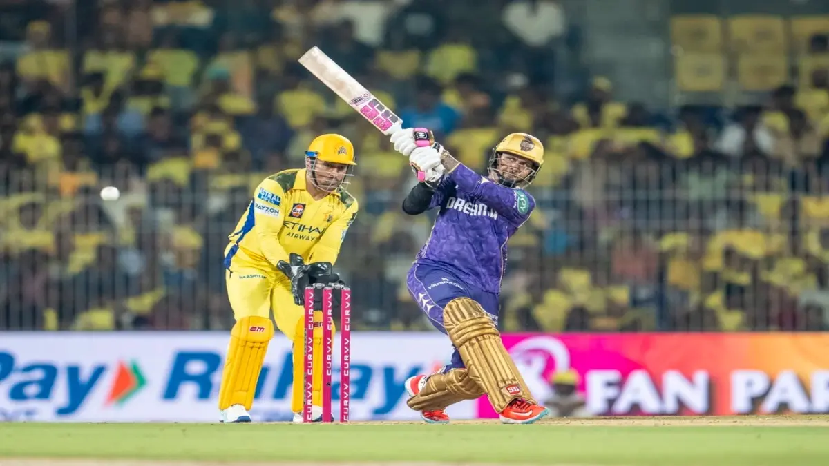 KKR all-rounder Sunil Narine hits a ball