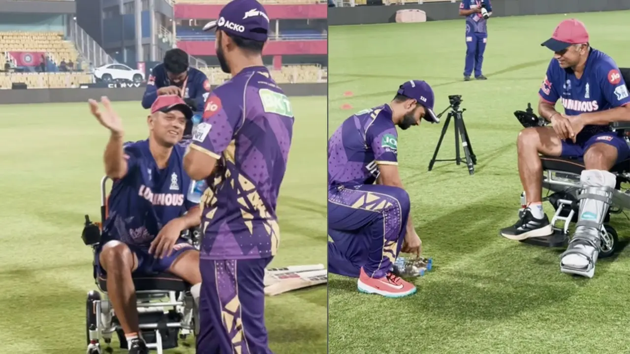 KKR Captain Ajinkya Rahane emotional meeting with RR Head Coach Rahul Dravid video viral