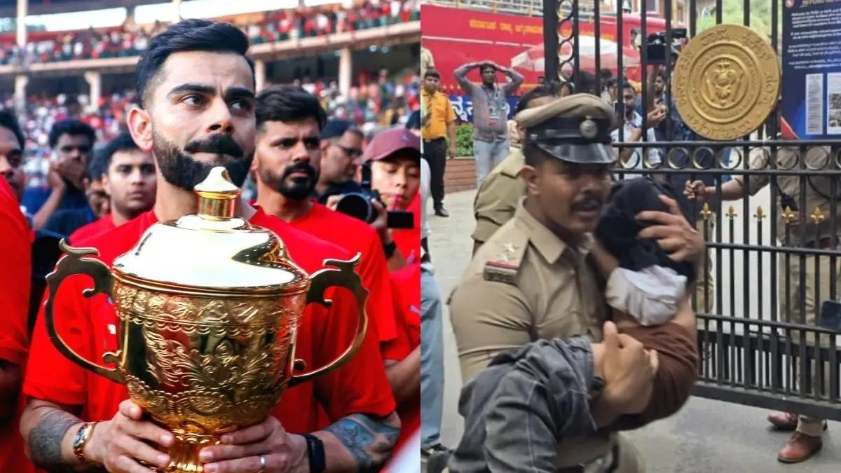 Kohli at Chinnaswamy (L), Cop Outside Chinnaswamy (R)
