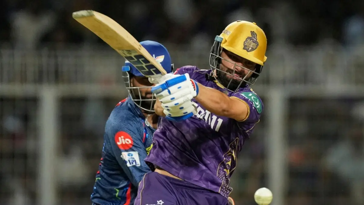Kolkata Knight Riders' Rinku Singh in action against LSG