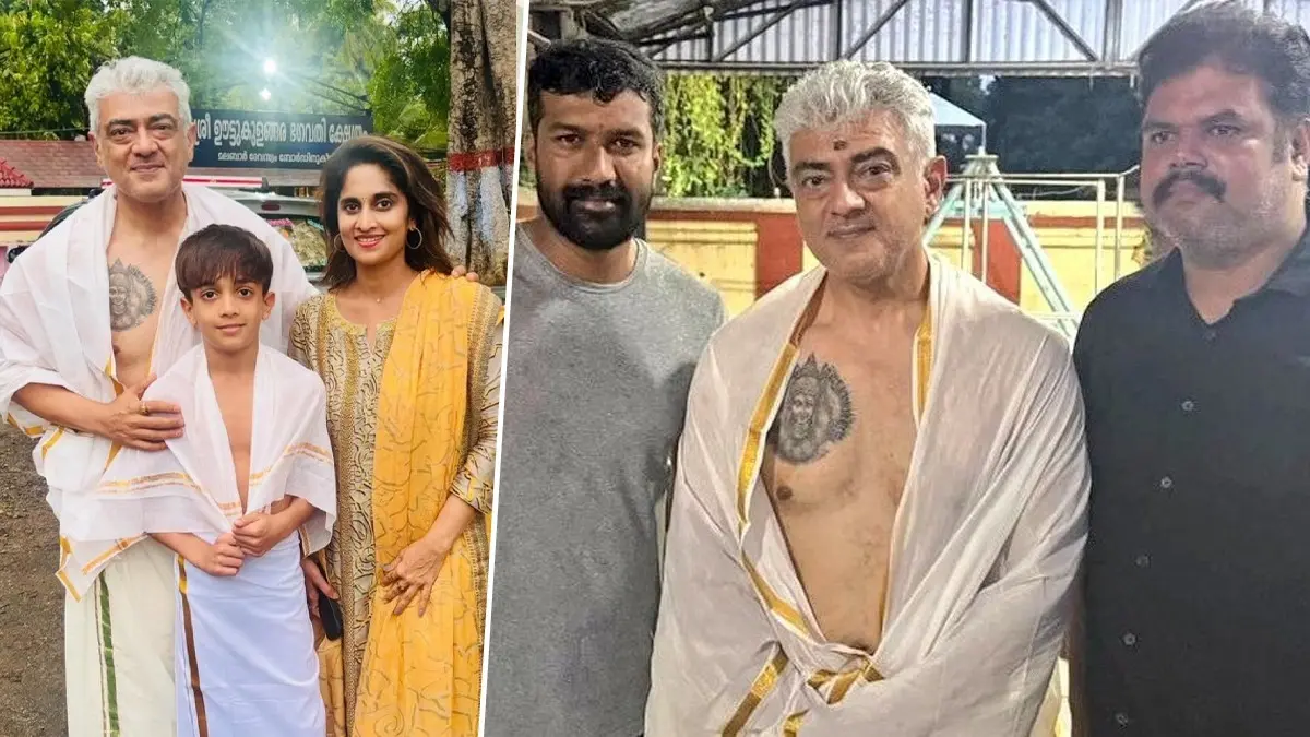 Kollywood star Ajith Kumar visited a temple in Kerala with his wife Shalini and son Aadvik