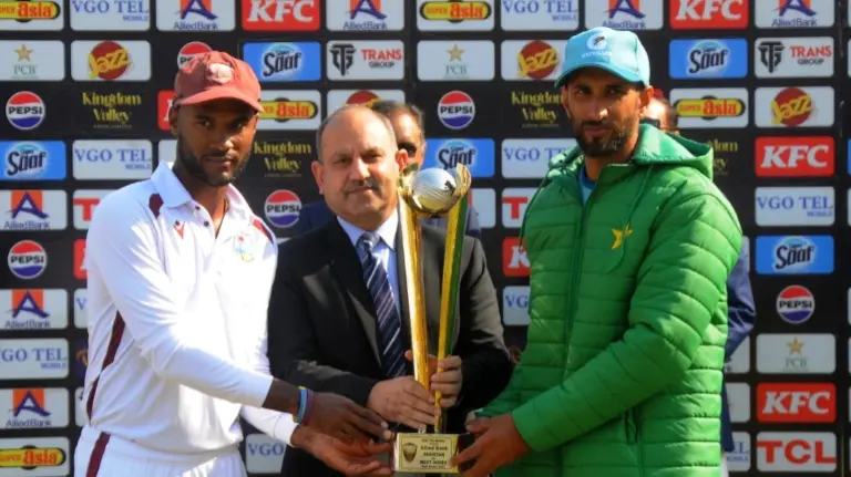 West Indies Tame Pakistan With Web Of Meticulous Spin Bowling, Level Series With Thumping Victory Against Shan Masood's Side Kraigg Brathwaite and Shan Masood shares the Pakistan vs West Indies Test series Trophy