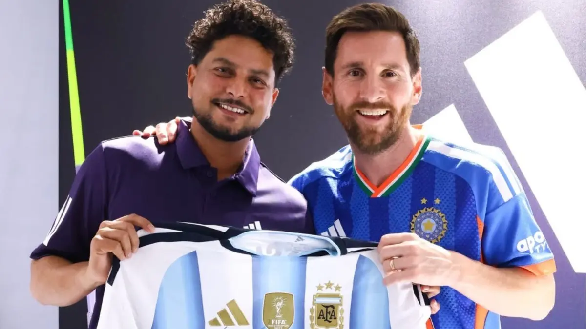 Football Legend Lionel Messi Presents Signed Argentina Football Jersey To Team India Spinner Kuldeep Yadav Kuldeep Yadav and Lionel Messi