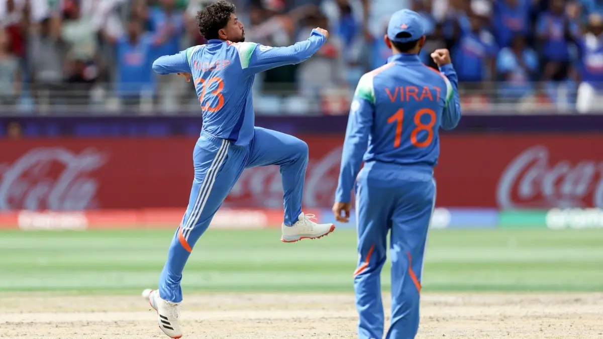 Kuldeep Yadav celebrating after taking a wicket at Champions Trophy 2025