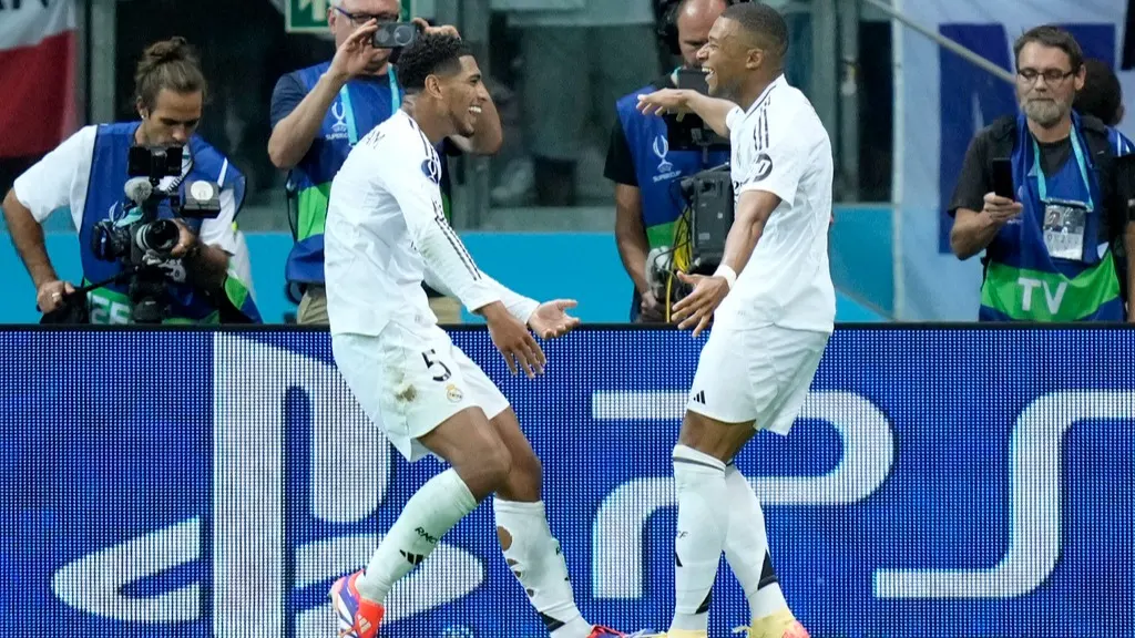 Kylian Mbappe and Jude Bellingham celebrate for Real Madrid vs Atalanta in the UEFA Super Cup