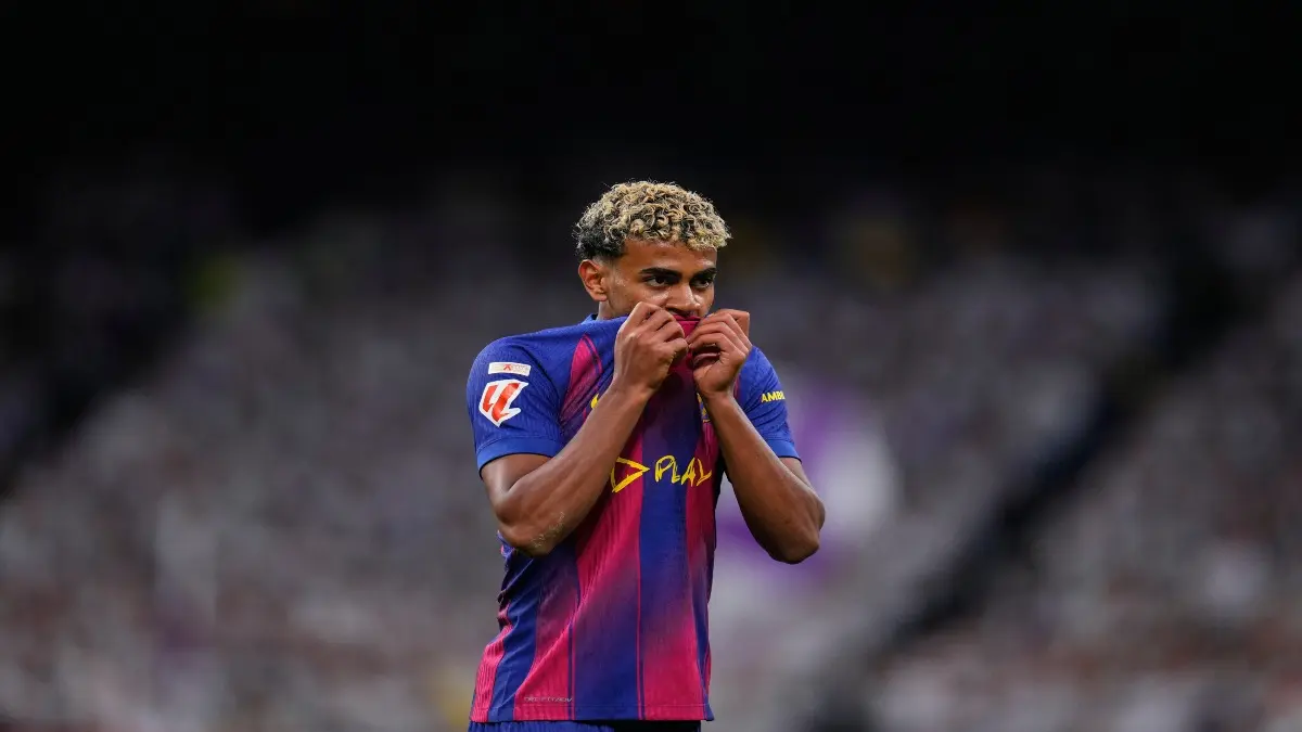 Lamine Yamal reacts during the El Clasico