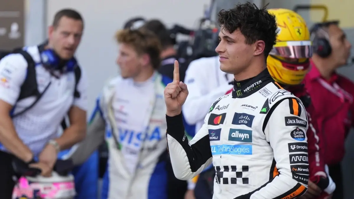 Lando Norris celebrates his pole position