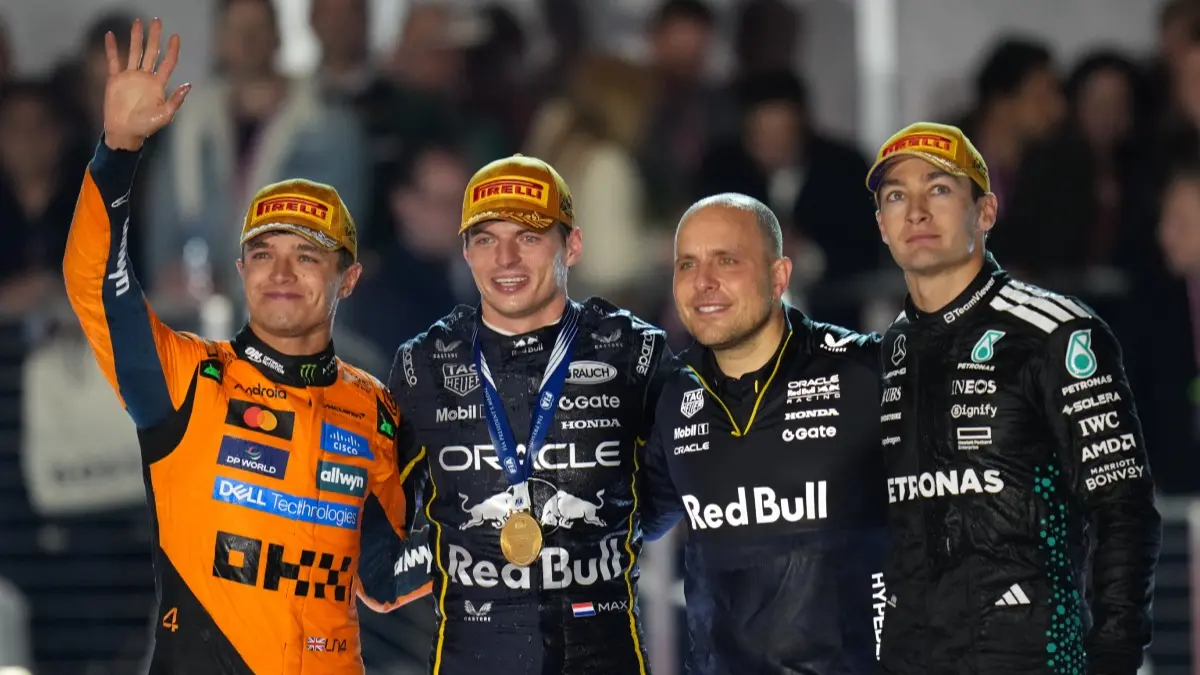 Lando Norris, Max Verstappen, Gianpiero Lambiase, and George Russell