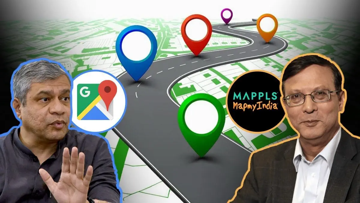 LCA Tejas jet and Mappls interface symbolizing India's swadeshi tech growth