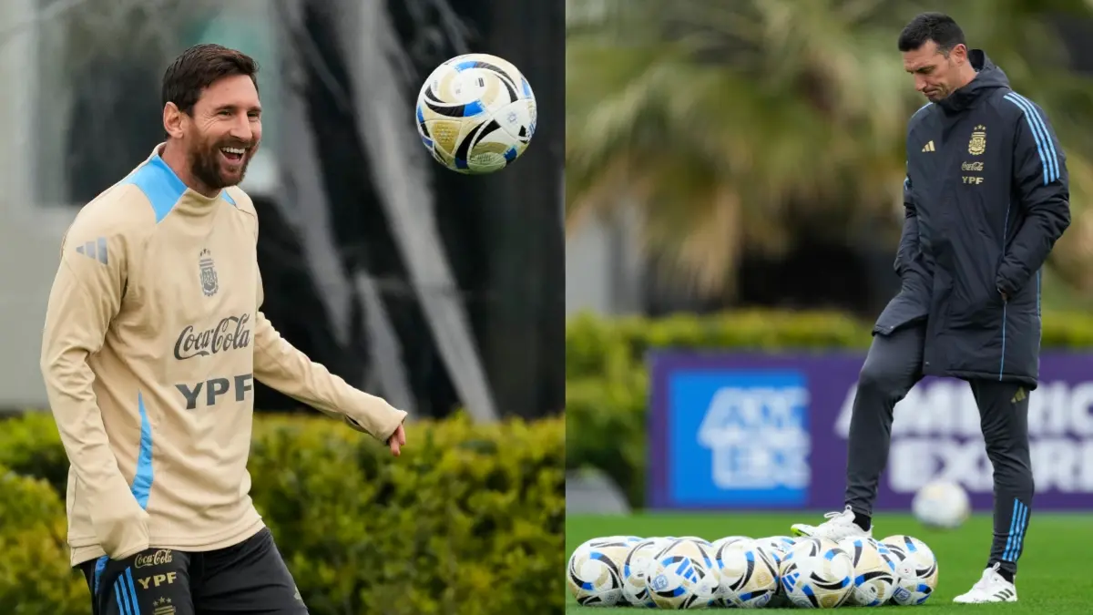 Lionel Messi and Lionel Scaloni during Argentina's training session