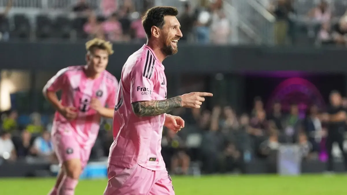Lionel Messi celebrates after scoring against Nashville SC