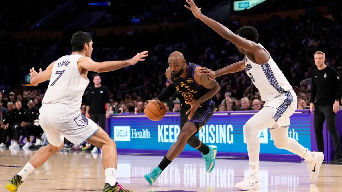 Los Angeles Lakers forward LeBron James, center, in action