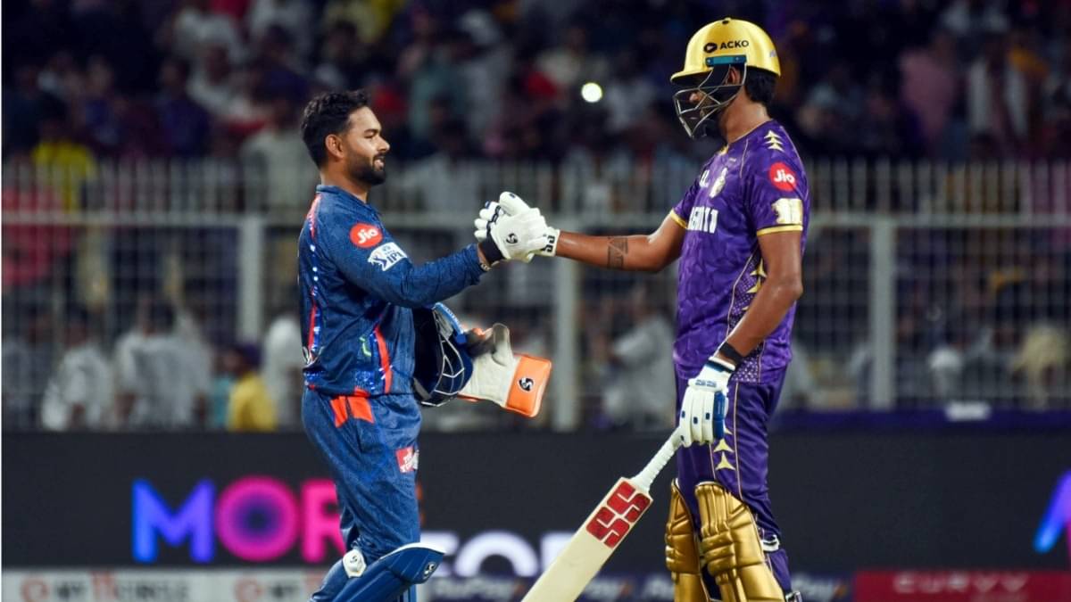 LSG captain Rishabh Pant shaking hands with KKR's Harshit Rana
