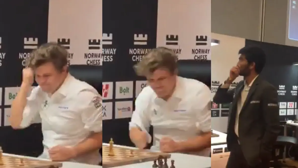Magnus Carlsen smashes table after losing to D Gukesh