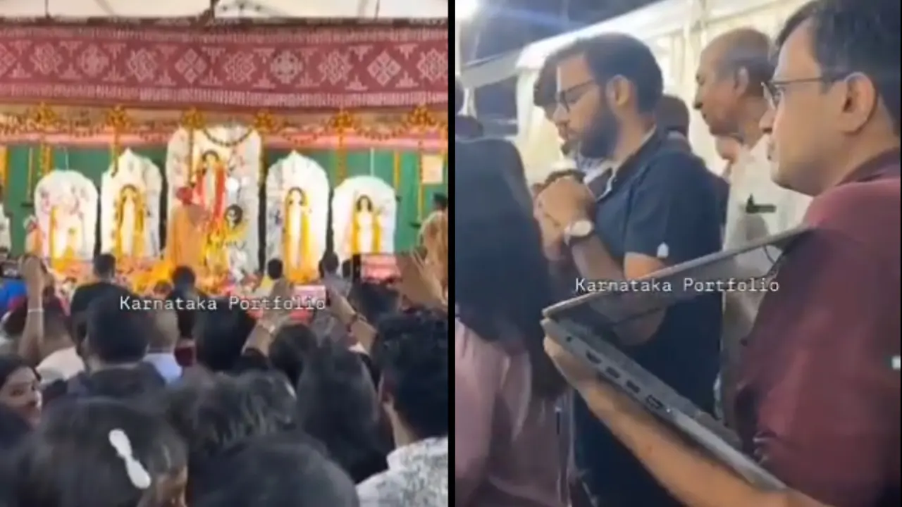 Viral Video: Bengaluru Man Attends Client Meeting at Durga Puja, Netizens React Man attends client meeting at Durga Puja pandal in Bengaluru, Viral Video