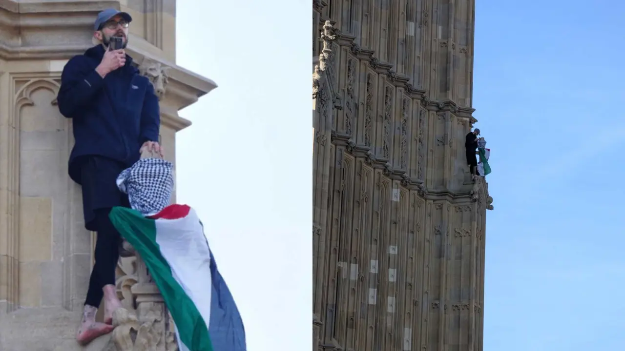 Man Climbs Big Ben in London with 'Free Palestine' Flag, Sparks Outrage | VIDEO Man Climbs Big Ben in London with 'Free Palestine' Flag, Sparks Outrage | VIDEO