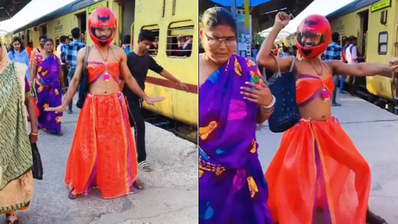 WATCH | Content Creator's Viral Dance to Bhojpuri Song in Lehenga-Choli At Railway Station Man in Lehenga Choli Viral Dance Video
